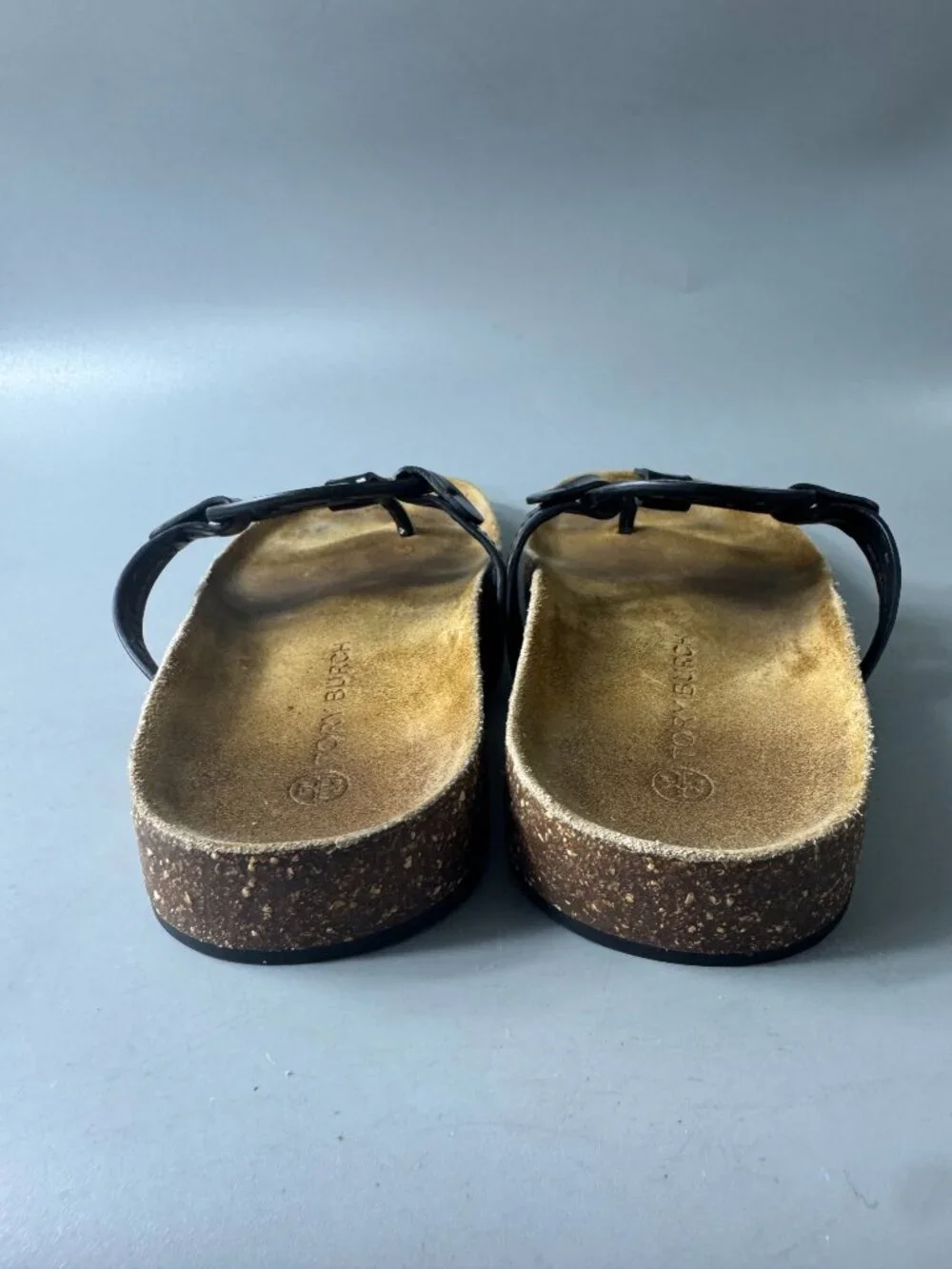 Tory Burch Miller Cloud Patent Cork Black Thong Sandals, Size 8